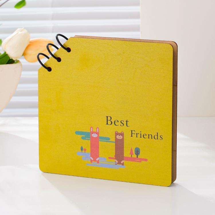 DIY Wooden Square Memorial Album Kids Growth Photo Album Cartoon Photo Book(Best Friends)