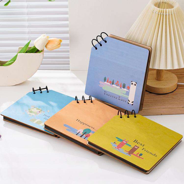 DIY Wooden Square Memorial Album Kids Growth Photo Album Cartoon Photo Book(Forever Love)
