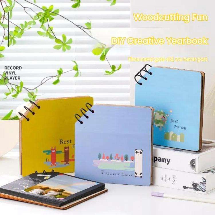 DIY Wooden Square Memorial Album Kids Growth Photo Album Cartoon Photo Book(Just For You)