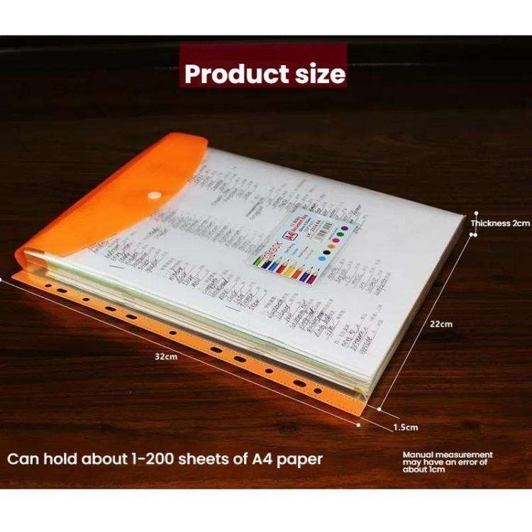 2pcs /Pack A4 Transparent Plastic File Folder 11-hole Loose-leaf Pocket with Snap Closure(Red)