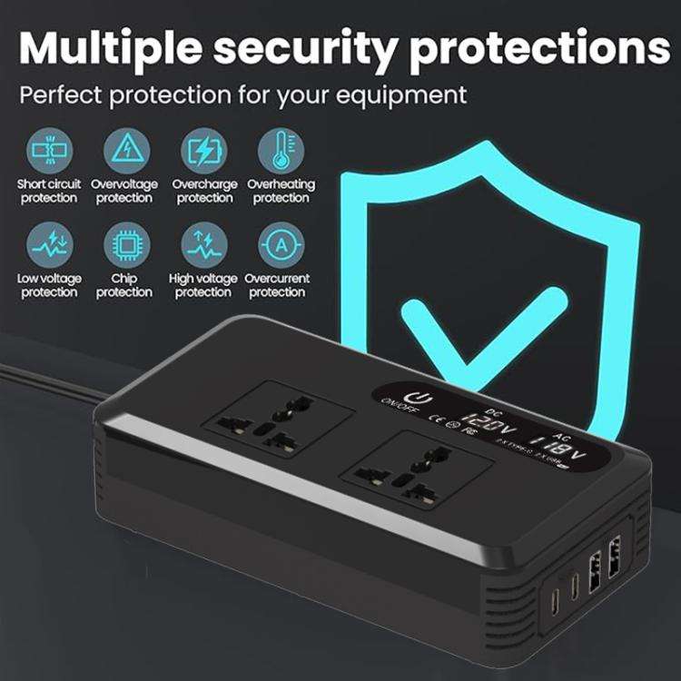 Gurxun Dual Digital Display Car Inverter With 2 USB+2 Type-C Ports Universal Plug 110V