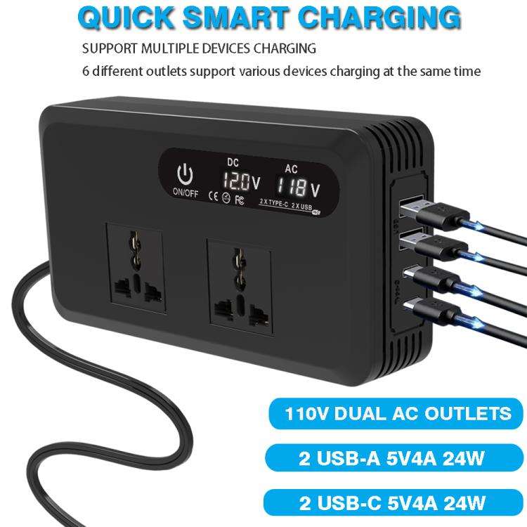 Gurxun Dual Digital Display Car Inverter With 2 USB+2 Type-C Ports Universal Plug 110V