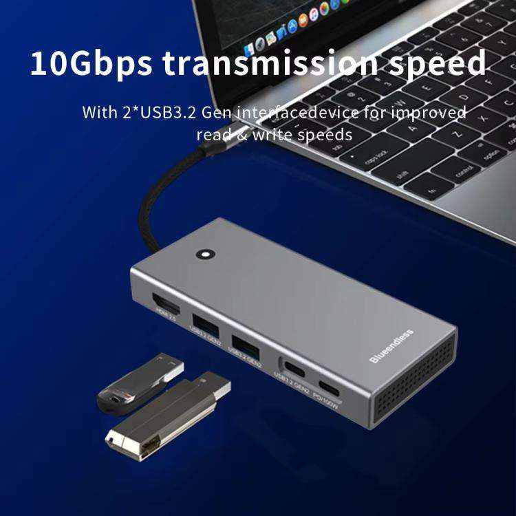 Blueendless M.2 Nvme/Sata Dual-Protocol Hard Disk Box HUB 4K60Hz+USB 10G x 2+Type-C 10G+PD100W