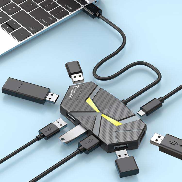 7 In 1 USB 2.0 Hub Splitter Colorful Ambient Light Type-C Docking Station Laptop Multi-Port Adapt...