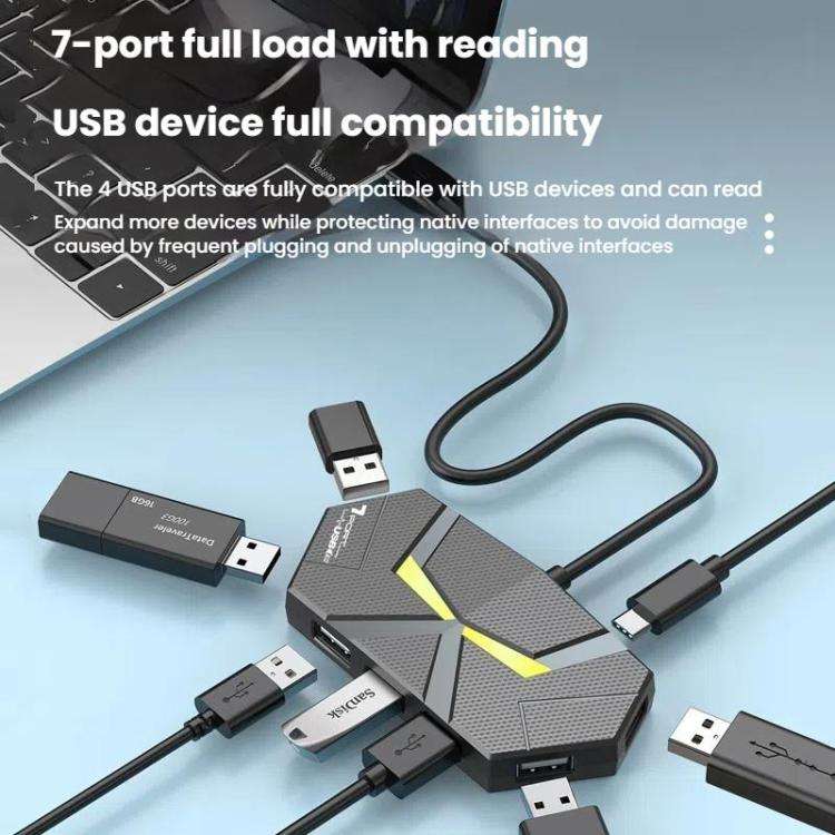 7 In 1 USB 2.0 Hub Splitter Colorful Ambient Light Type-C Docking Station Laptop Multi-Port Adapt...