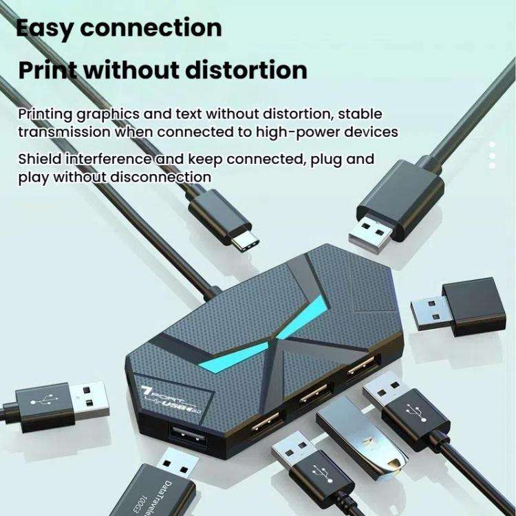 7 In 1 USB 2.0 Hub Splitter Colorful Ambient Light Type-C Docking Station Laptop Multi-Port Adapt...
