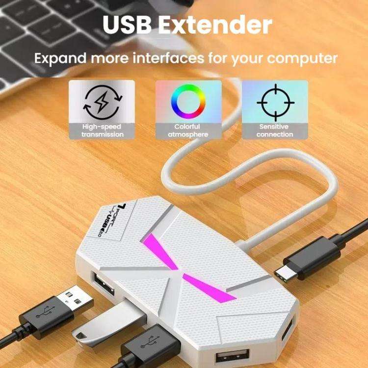 7 In 1 USB 2.0 Hub Splitter Colorful Ambient Light Type-C Docking Station Laptop Multi-Port Adapt...