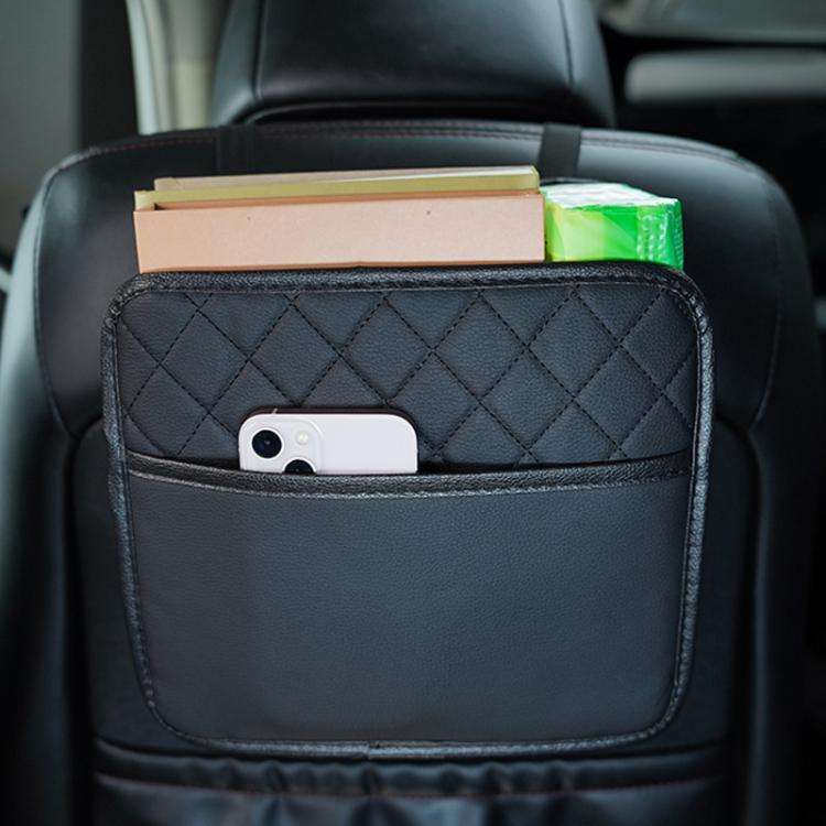 Multifunctional Car Seat Back Storage Bag Car Leather Trash Can Decoration Products(Black)
