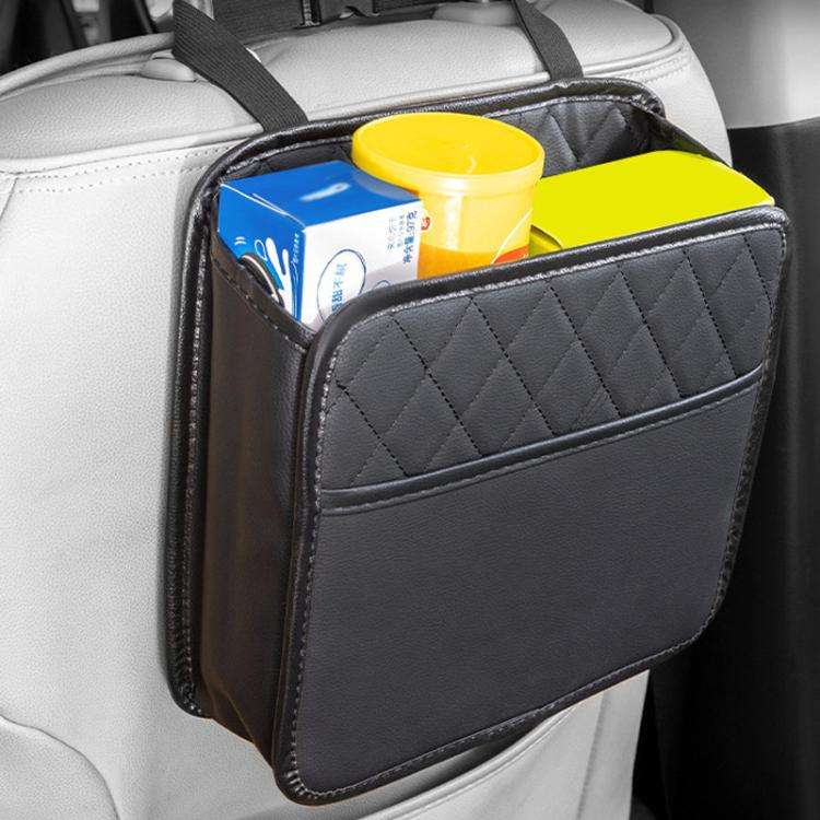Multifunctional Car Seat Back Storage Bag Car Leather Trash Can Decoration Products(Black)