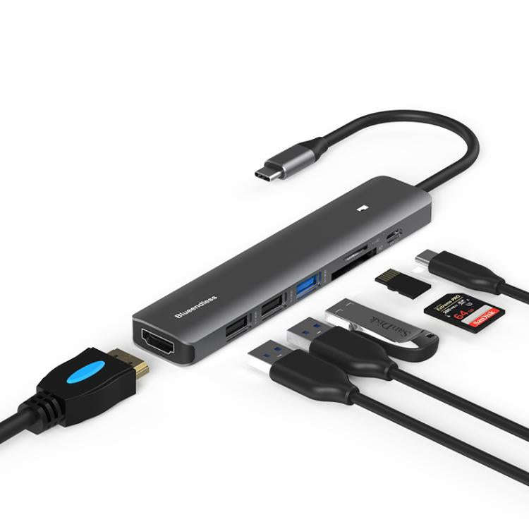 7-in-1 HDMI + PD + USB3.0 + USB2.0 x 2 + SD + TF Blueendless Multifunctional Type-C Docking Station