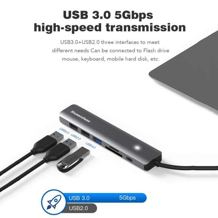 5-in-1 HDMI + PD + USB3.0 + USB2.0 x 2 Blueendless Multifunctional Type-C Docking Station