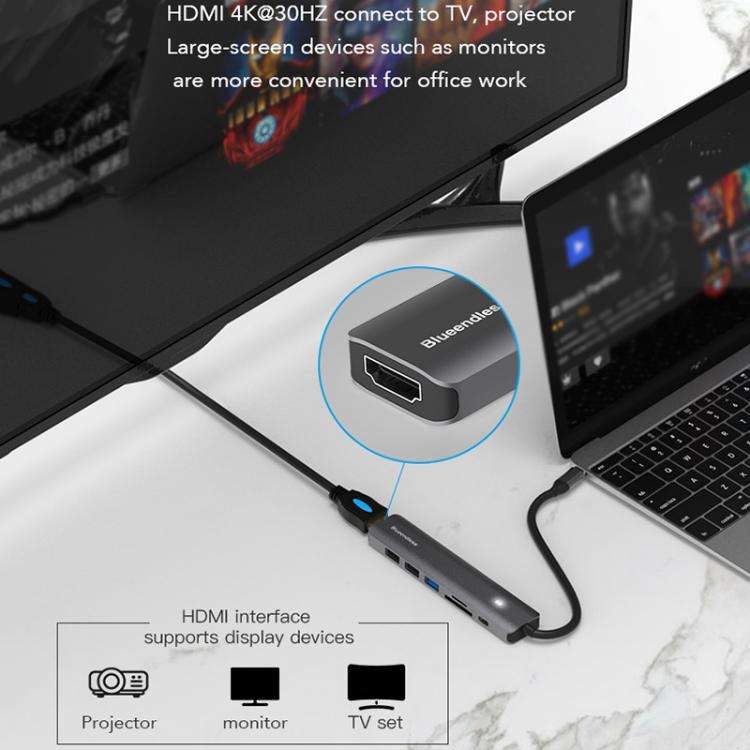 5-in-1 HDMI + PD + USB3.0 + USB2.0 x 2 Blueendless Multifunctional Type-C Docking Station