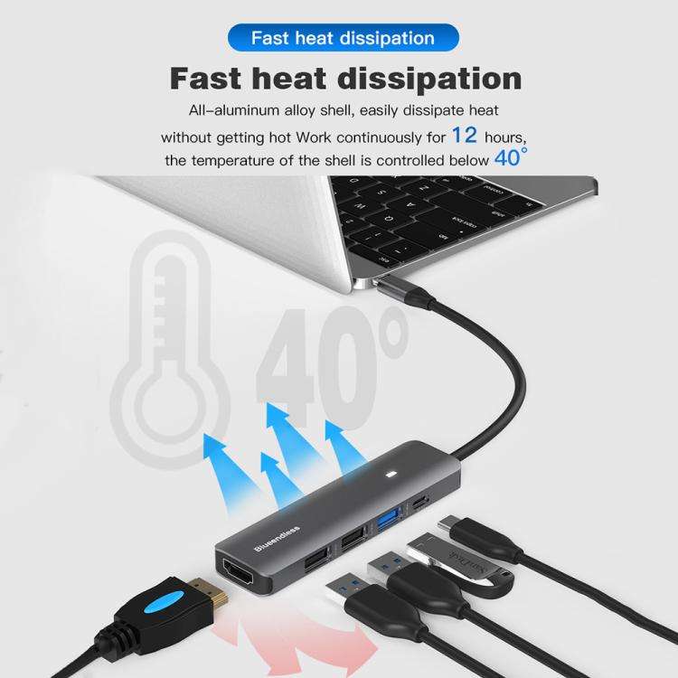 5-in-1 HDMI + PD + USB3.0 + USB2.0 x 2 Blueendless Multifunctional Type-C Docking Station
