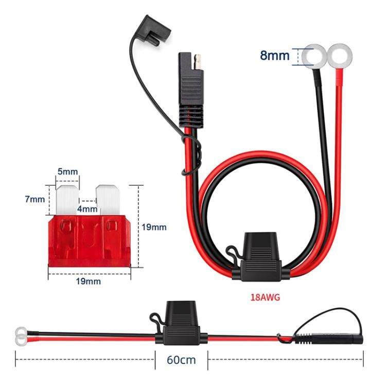 60cm O-Terminal to SAE Power Cable With Fuse Battery Charger Extension Adapter Wire