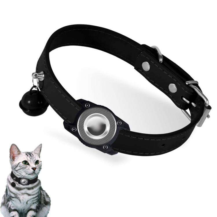 For AirTag Tracker Waterproof Protection Case Pet Leather Collar Anti Lost Cat Locator Collar(Black)
