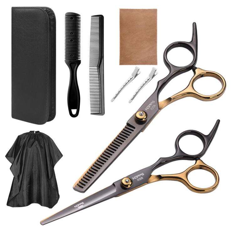 Stainless Steel Haircutting Scissors Set Hair Cutting Tools, Spec: 9-in-1 Black Gold