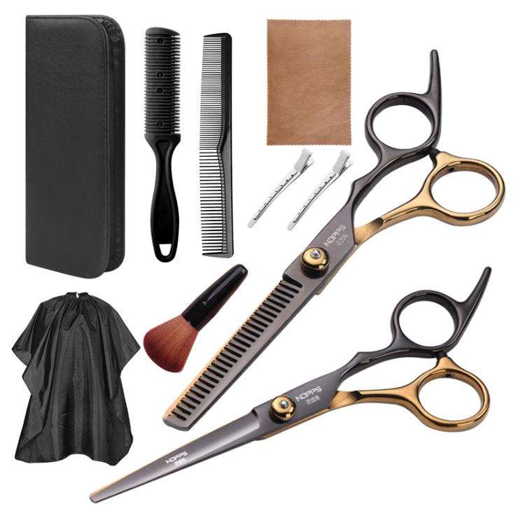 Stainless Steel Haircutting Scissors Set Hair Cutting Tools, Spec: 10-in-1 Black Gold