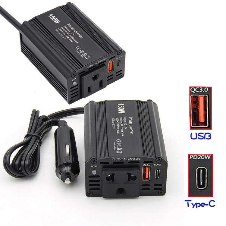 150W PD20W QC3.0 Fast Charging Car Inverter Car Cigarette Lighter Power Supply Adapter(EU Plug)