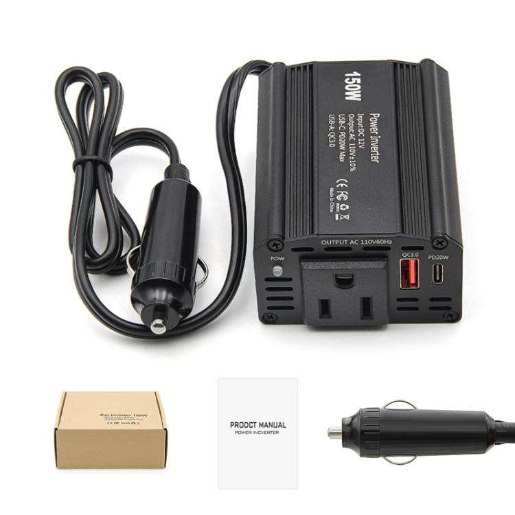 150W PD20W QC3.0 Fast Charging Car Inverter Car Cigarette Lighter Power Supply Adapter(EU Plug)