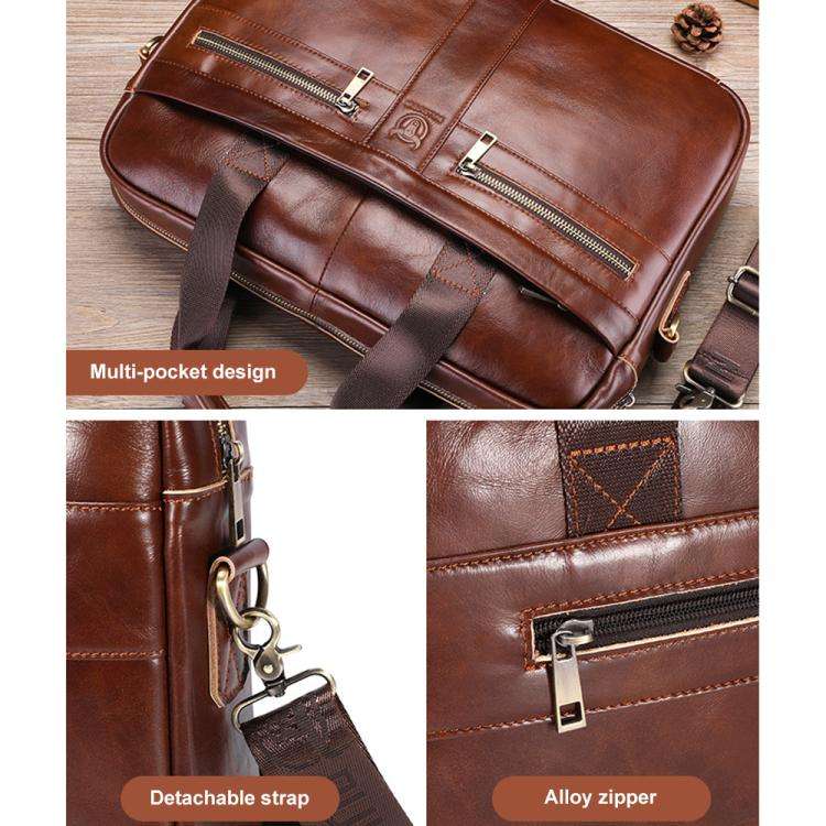BULL CAPTAIN 054 Large Capacity Retro Business Top Layer Cowhide Hand-held Briefcase(Black)