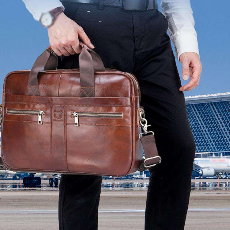 BULL CAPTAIN 054 Large Capacity Retro Business Top Layer Cowhide Hand-held Briefcase(Black)