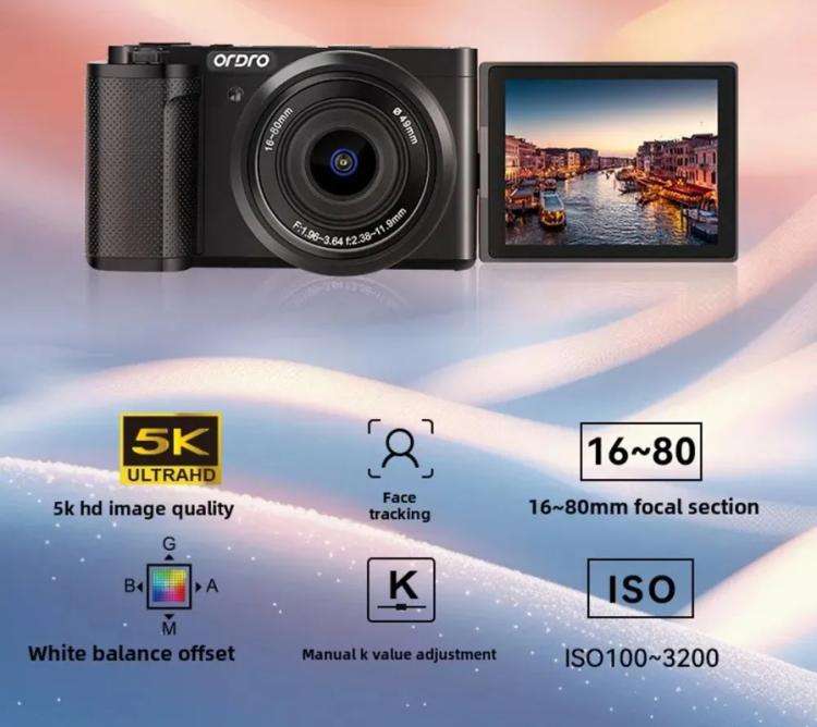 Ordro G930 8.0MP 5K CCD Digital Camera 5X Optical Zoom & Wide-Angle 3.2" Touch Screen Vlogging Ca...