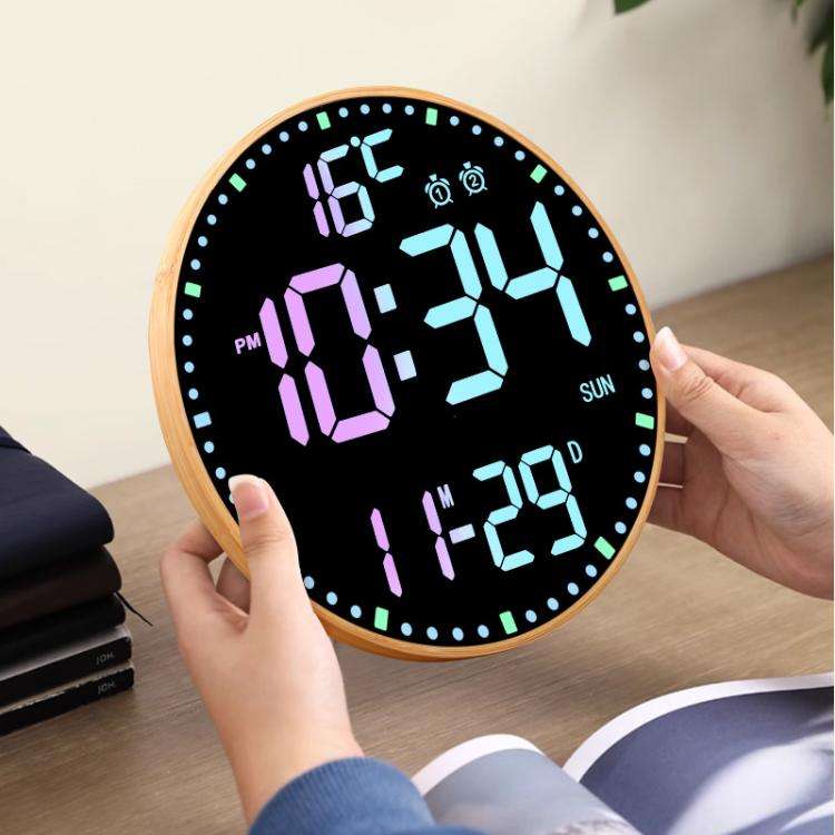 11.6-Inch RGB Wall Clock With Remote Control Multi-Functional Alarm Clock Bamboo+Black