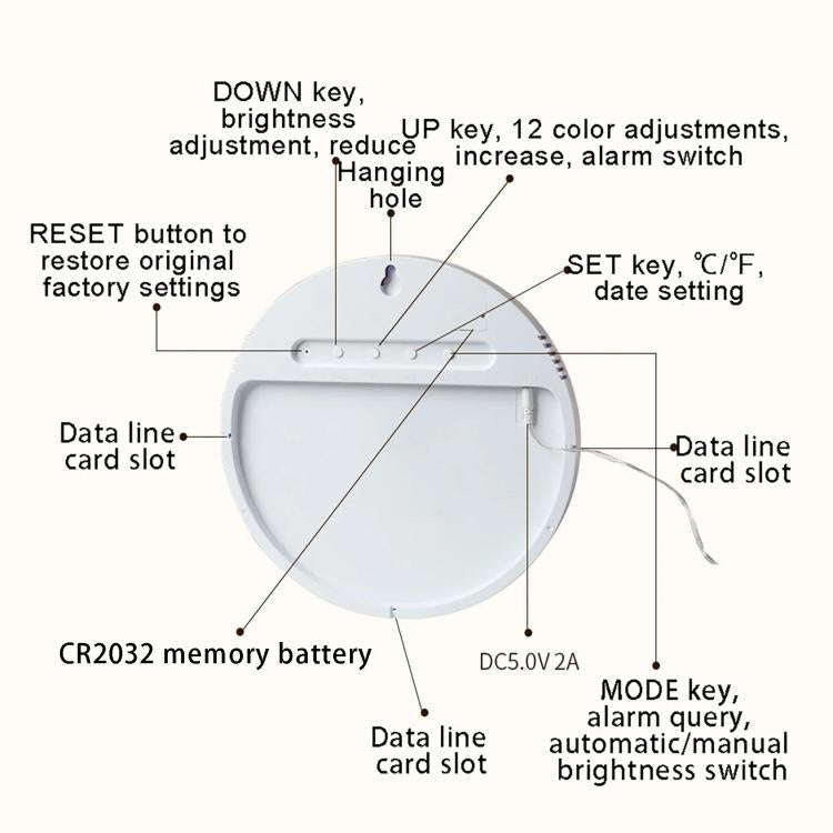 11.6-Inch RGB Wall Clock With Remote Control Multi-Functional Alarm Clock Bamboo+Cloth
