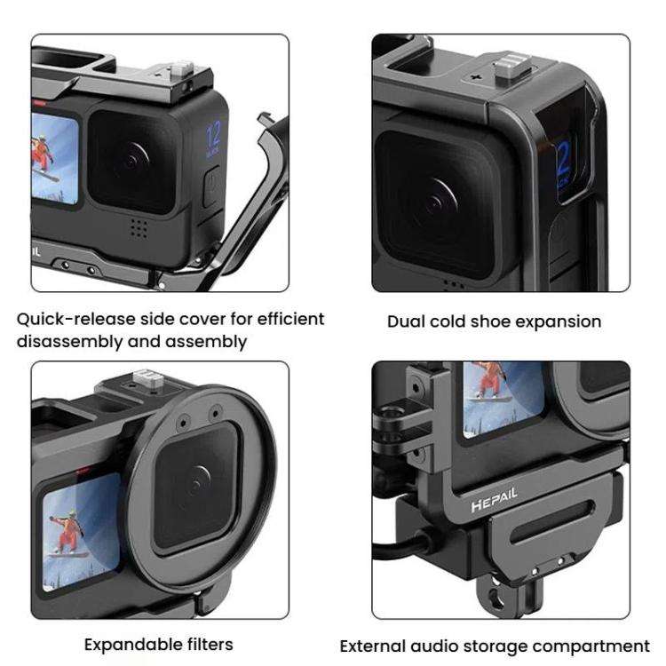 For GoPro HERO12 Black /11 Black /10 Black /9 Black HEPAIL C-G12 Metal Rabbit Cage With Dual Cold...