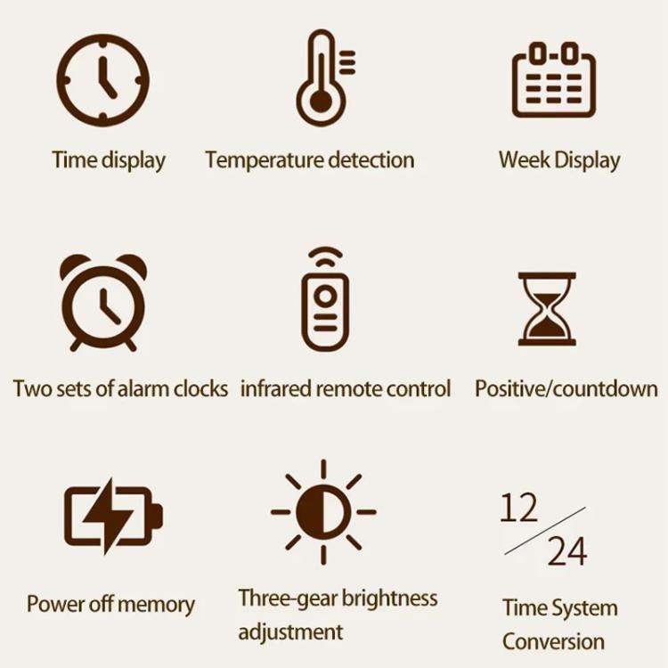 11.6-Inch White Light Wall Clock With Remote Control Multi-Functional Alarm Clock Bamboo+Black