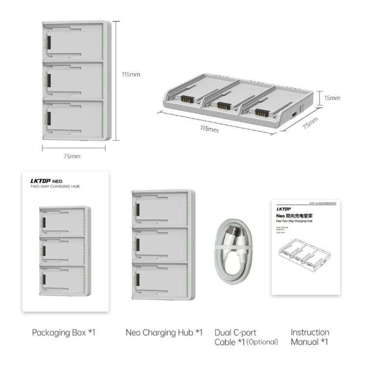 For DJI Neo Battery LKTOP Three-Way Charger 65W Fast Charging Hub(Gray)