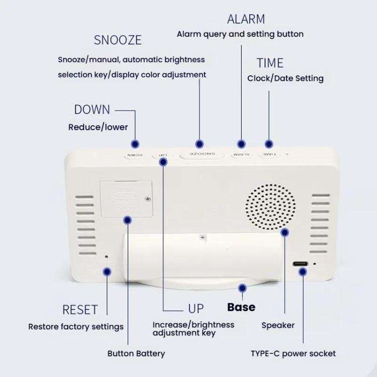 11 Colors Dynamic RGB Digital Alarm Clock 12/24H 6 Levels Brightness 2 Alarms Table Clock(White S...