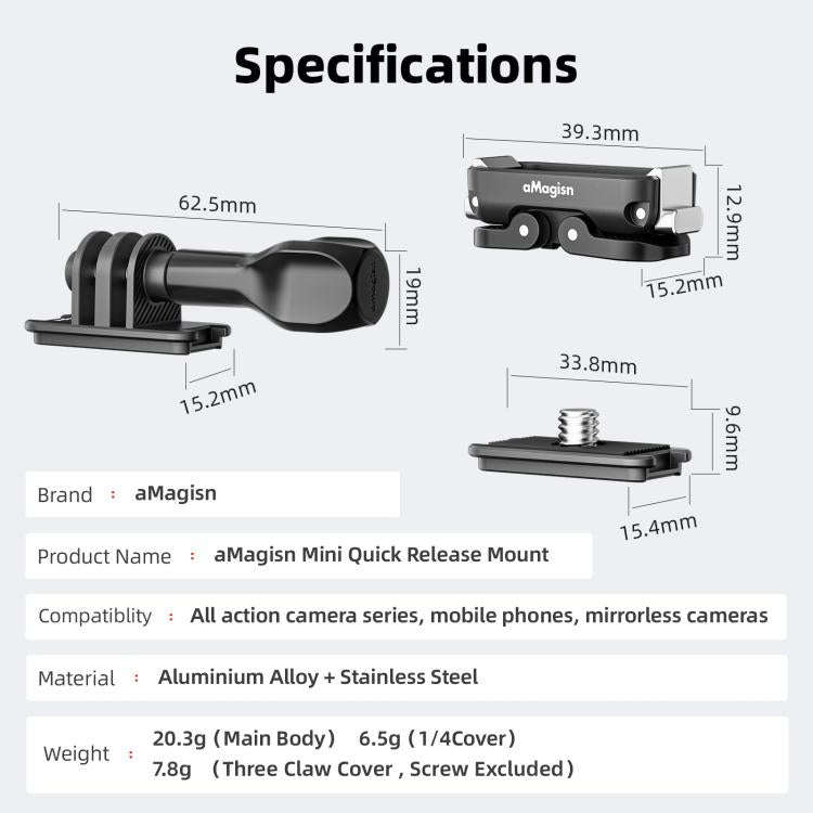 aMagisn Mini Quick Release Mount for Sports Cameras, Spec: 2-claw Base+1/4 Inch Cover