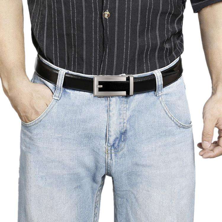 Dandali Men Leather Automatic Buckle Belt, Length: 115cm(Silver)