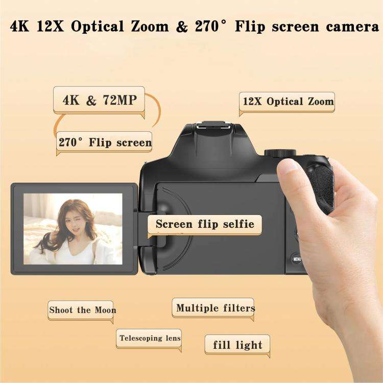 4K 72MP 12X Optical Zoom Student Digital Camera WiFi HD Video Camera With 3 Inch Flip Screen(Black)
