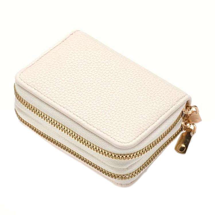 Multi-Function Organ Card Bag Double Zipper Women Wallet Large Capacity PU Card Holder(Beige)