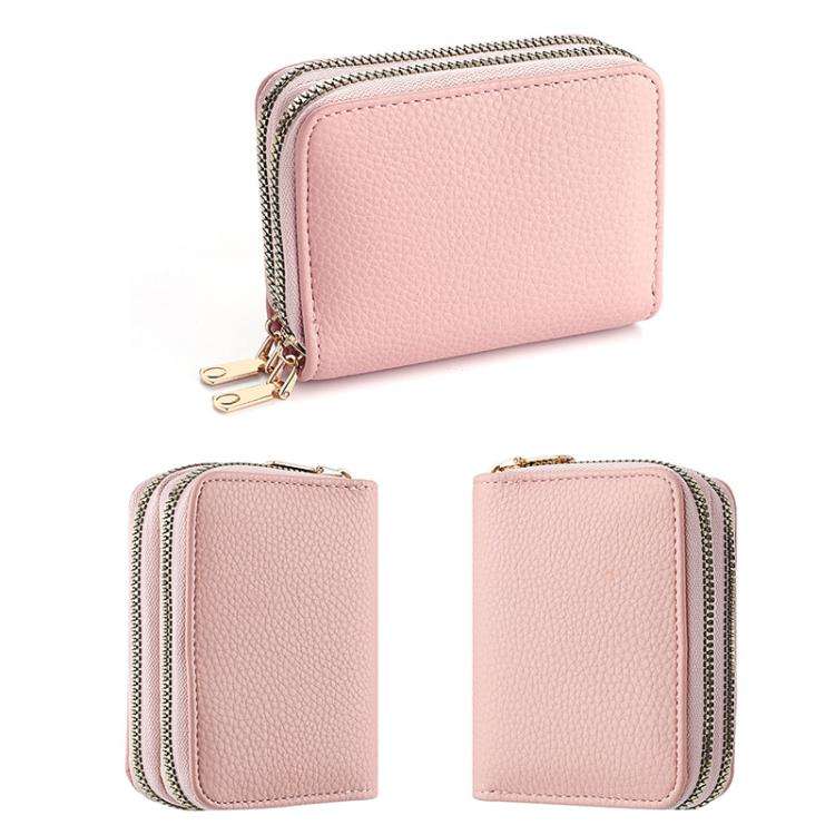 Multi-Function Organ Card Bag Double Zipper Women Wallet Large Capacity PU Card Holder(Beige)