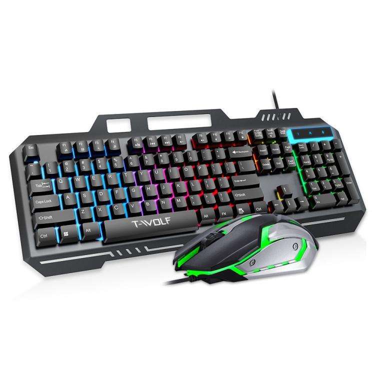 T-WOLF TF600 104-Key Wired Backlit Keyboard and Mouse Combo with Metal Panel & Phone Stand(Black)