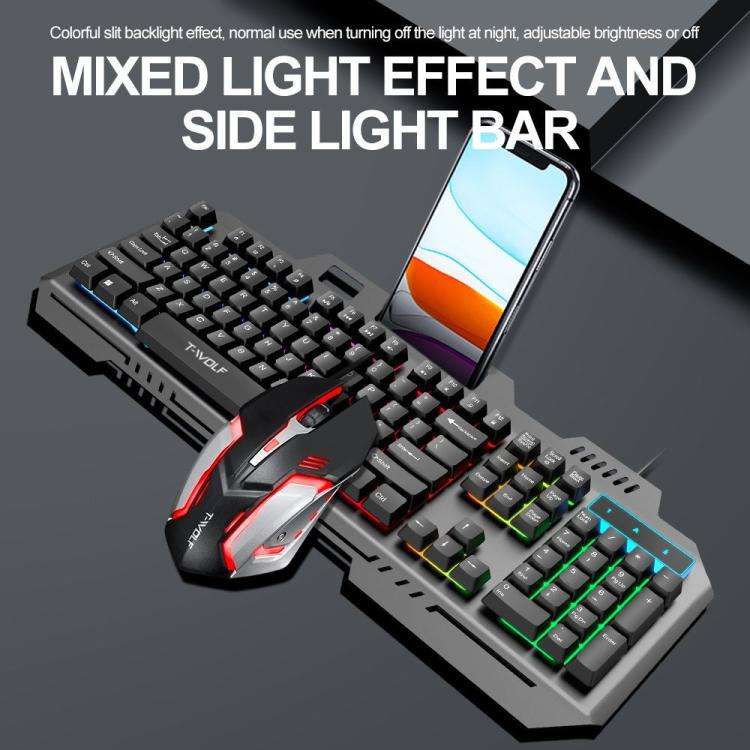 T-WOLF TF600 104-Key Wired Backlit Keyboard and Mouse Combo with Metal Panel & Phone Stand(Black)