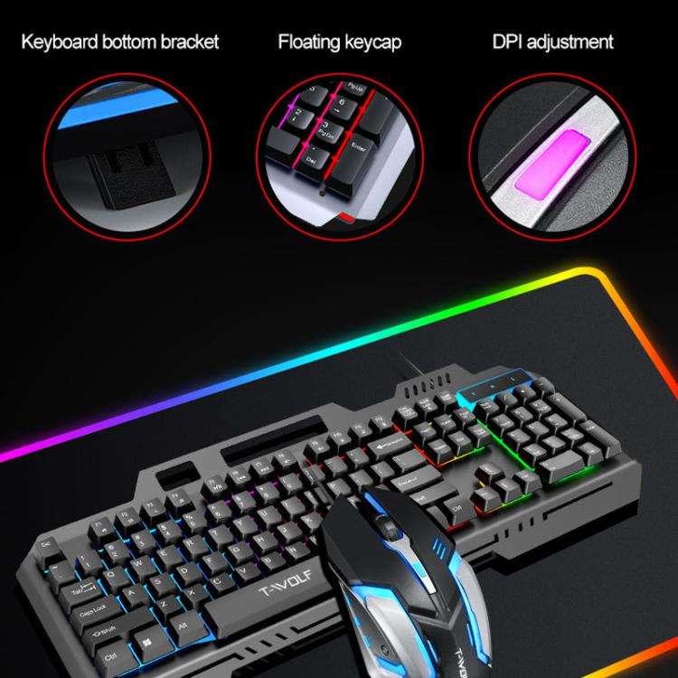 T-WOLF TF600 104-Key Wired Backlit Keyboard and Mouse Combo with Metal Panel & Phone Stand(Black)