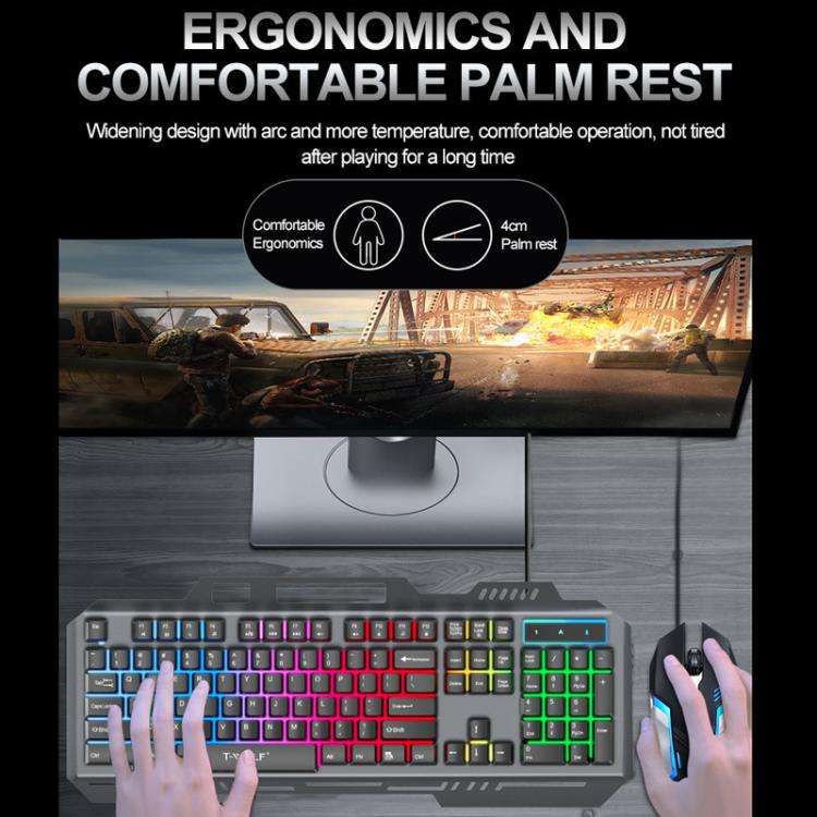 T-WOLF TF600 104-Key Wired Backlit Keyboard and Mouse Combo with Metal Panel & Phone Stand(Black)