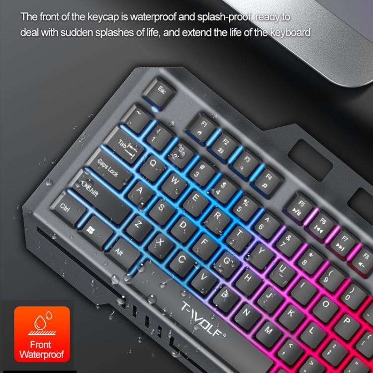 T-WOLF TF600 104-Key Wired Backlit Keyboard and Mouse Combo with Metal Panel & Phone Stand(Black)
