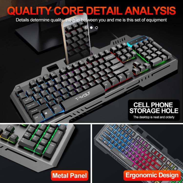 T-WOLF TF600 104-Key Wired Backlit Keyboard and Mouse Combo with Metal Panel & Phone Stand(Black)