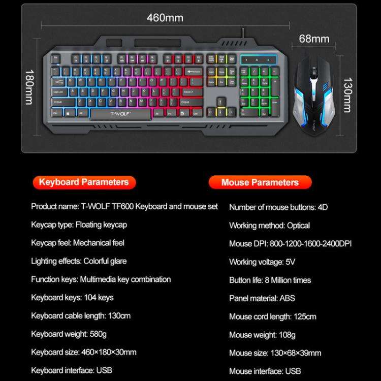 T-WOLF TF600 104-Key Wired Backlit Keyboard and Mouse Combo with Metal Panel & Phone Stand(Black)