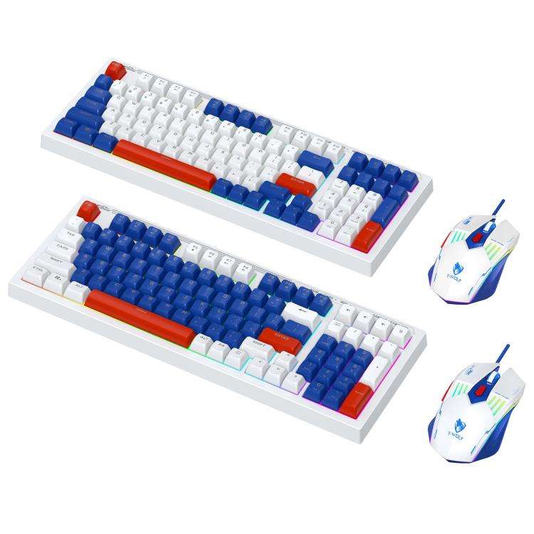 T-WOLF  TF610 USB-C/Type-C Wired 98 Keys Keyboard and Mouse Combo Dual-Tone Keycaps Gaming Set(Wh...