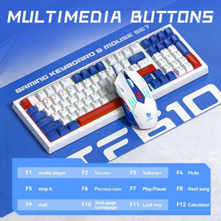 T-WOLF  TF610 USB-C/Type-C Wired 98 Keys Keyboard and Mouse Combo Dual-Tone Keycaps Gaming Set(Wh...