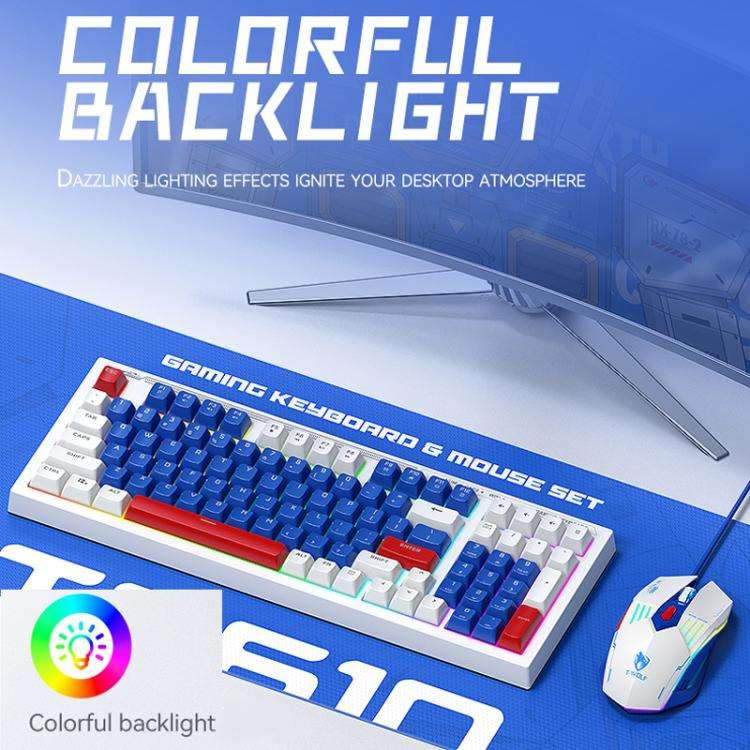 T-WOLF  TF610 USB-C/Type-C Wired 98 Keys Keyboard and Mouse Combo Dual-Tone Keycaps Gaming Set(Wh...