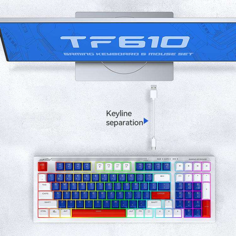 T-WOLF  TF610 USB-C/Type-C Wired 98 Keys Keyboard and Mouse Combo Dual-Tone Keycaps Gaming Set(Bl...