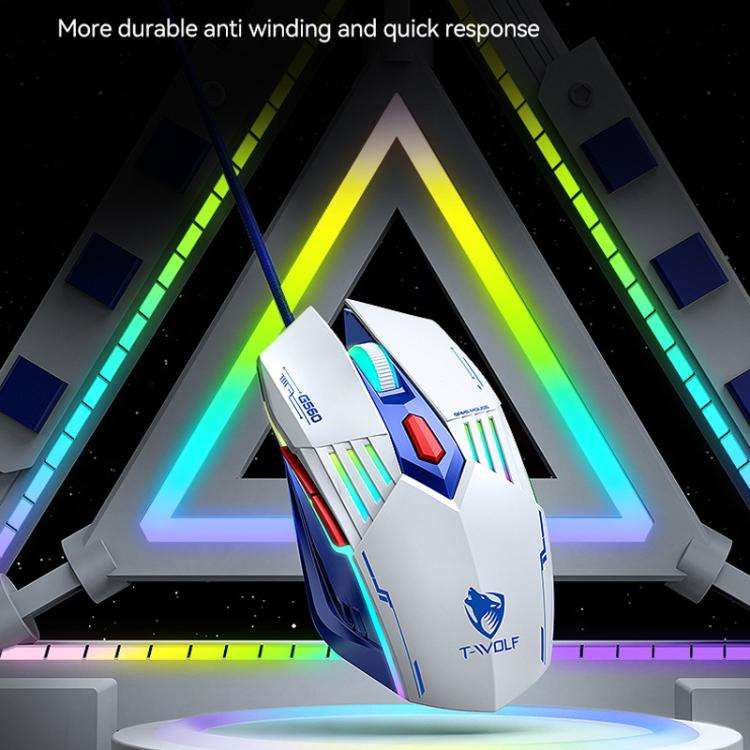 T-WOLF  TF610 USB-C/Type-C Wired 98 Keys Keyboard and Mouse Combo Dual-Tone Keycaps Gaming Set(Wh...