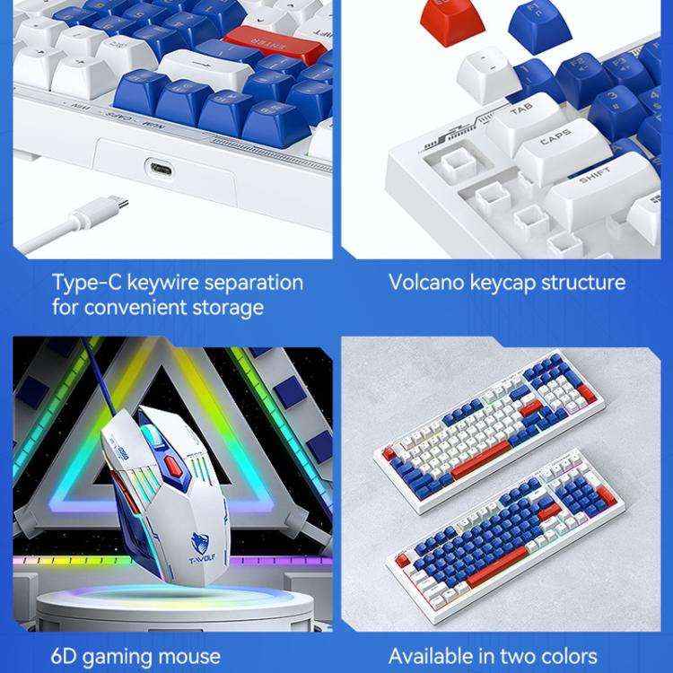 T-WOLF  TF610 USB-C/Type-C Wired 98 Keys Keyboard and Mouse Combo Dual-Tone Keycaps Gaming Set(Wh...